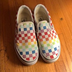 Rainbow checkered slip on vans